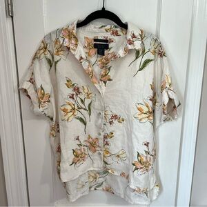 RACHEL Rachel Roy Floral Button Down Shirt 100% Linen